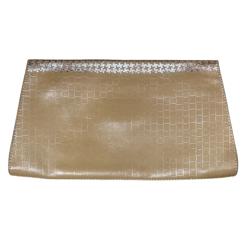 Jasper &‎ Jeera Leather Envelope Clutch Tan Silver Metallic Grid Evening Bag